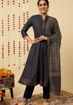 Foil Printed Viscose Rayon Anarkali Suit in Navy Blue
