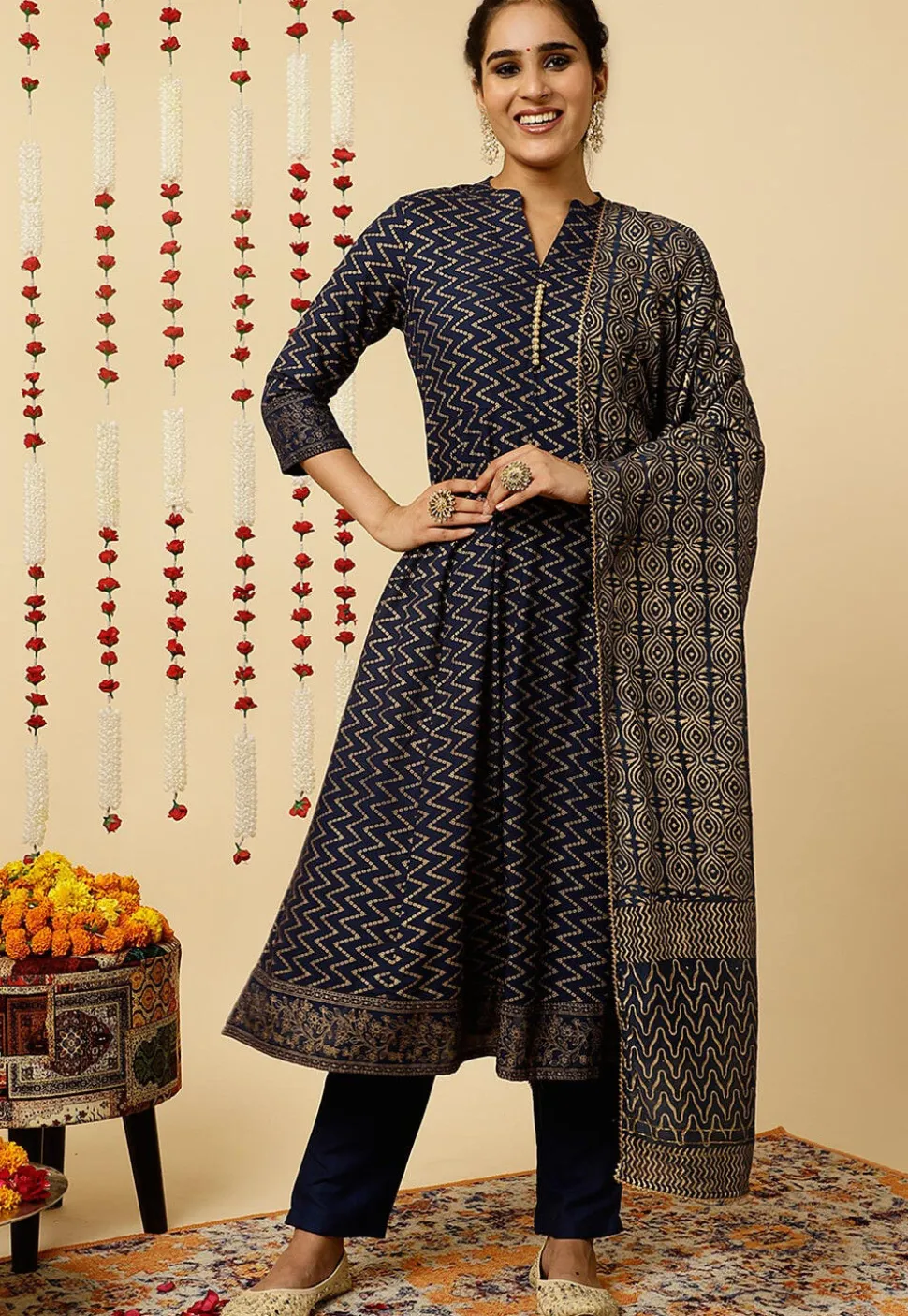 Foil Printed Viscose Rayon Anarkali Suit in Navy Blue