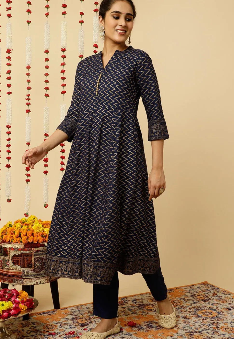 Foil Printed Viscose Rayon Anarkali Suit in Navy Blue