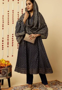 Foil Printed Viscose Rayon Anarkali Suit in Navy Blue