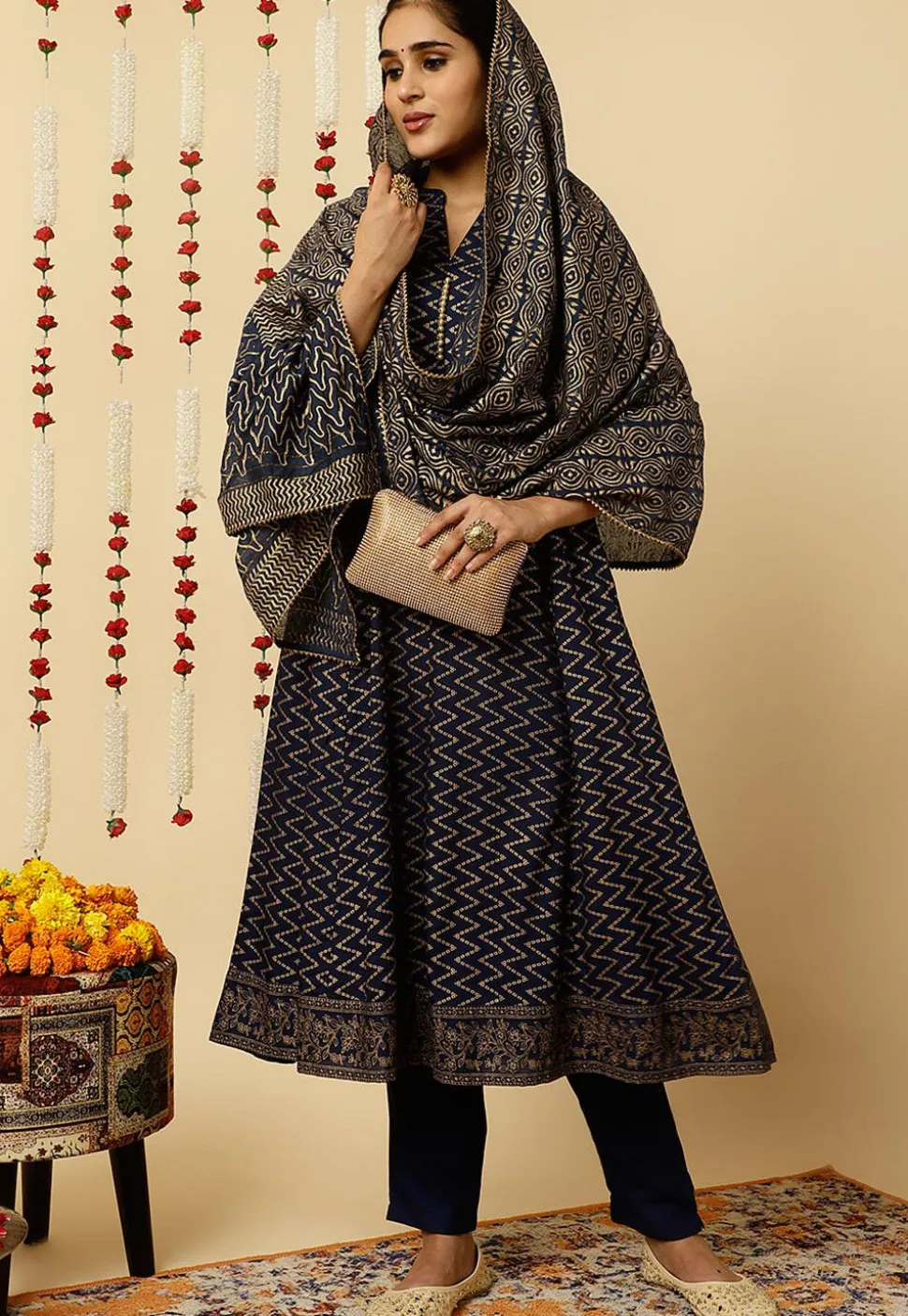Foil Printed Viscose Rayon Anarkali Suit in Navy Blue
