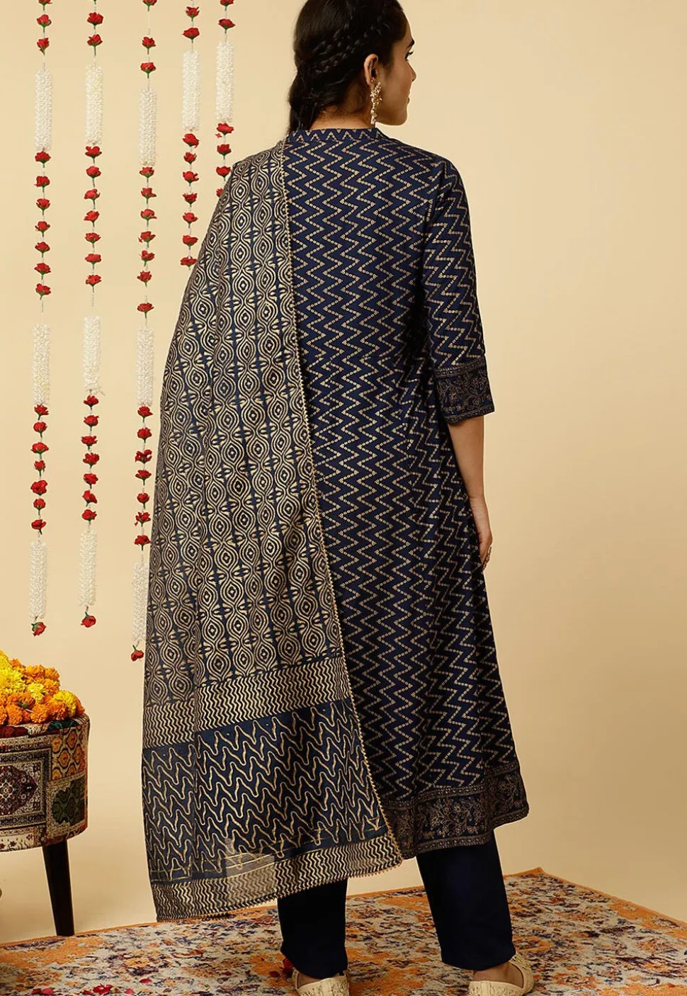 Foil Printed Viscose Rayon Anarkali Suit in Navy Blue