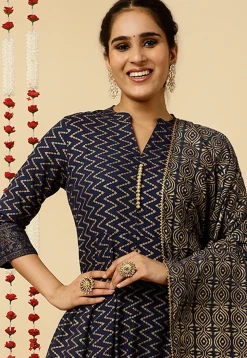 Foil Printed Viscose Rayon Anarkali Suit in Navy Blue