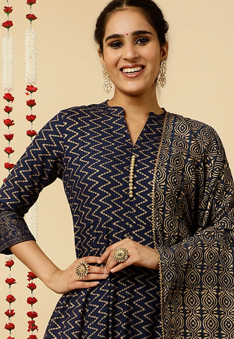 Foil Printed Viscose Rayon Anarkali Suit in Navy Blue