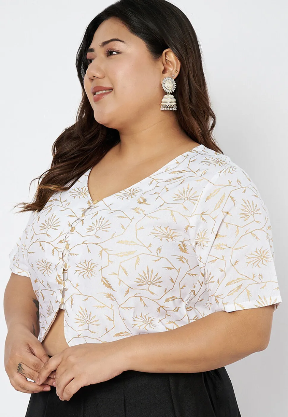 Foil Printed Viscose Rayon Blouse in White