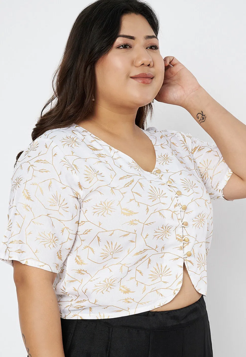 Foil Printed Viscose Rayon Blouse in White