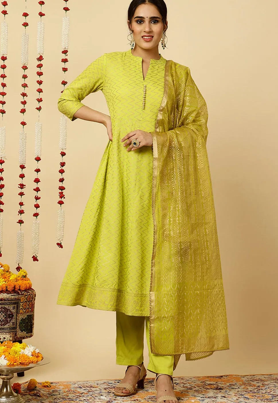 Foil Printed Viscose Rayon Anarkali Suit in Light Green