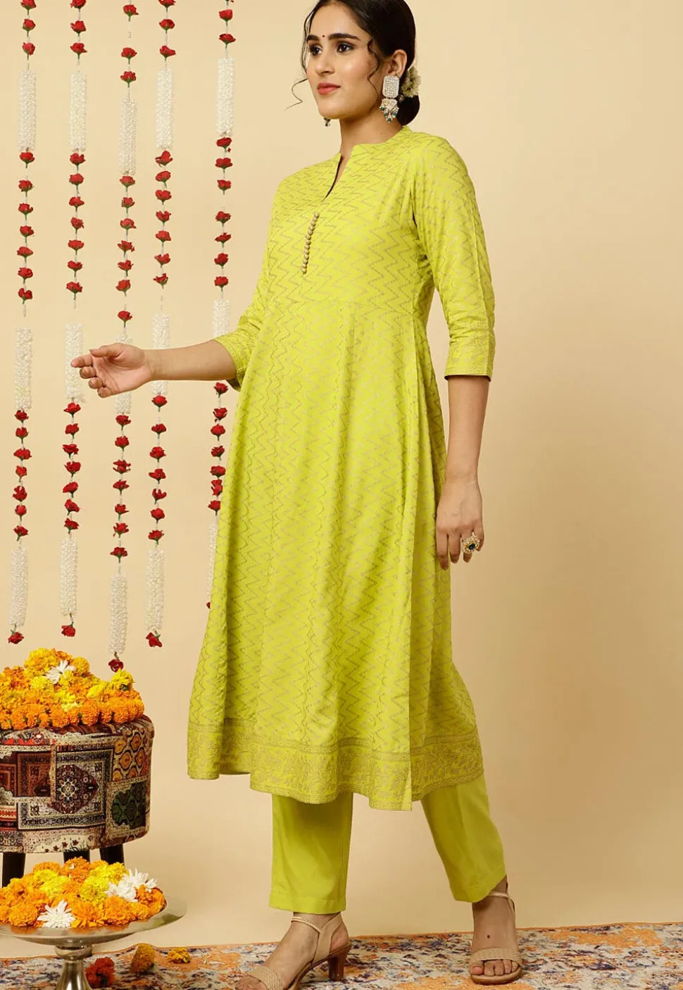 Foil Printed Viscose Rayon Anarkali Suit in Light Green