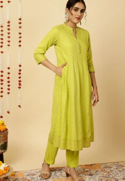 Foil Printed Viscose Rayon Anarkali Suit in Light Green