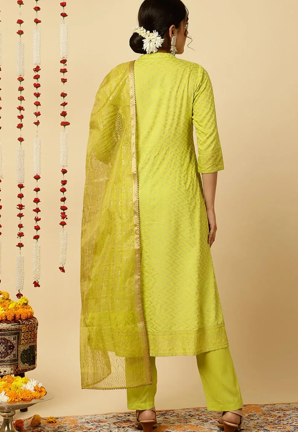 Foil Printed Viscose Rayon Anarkali Suit in Light Green