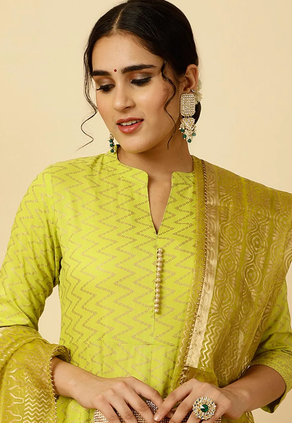 Foil Printed Viscose Rayon Anarkali Suit in Light Green