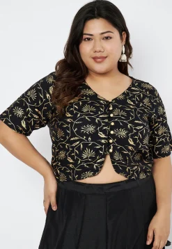 Foil Printed Viscose Rayon Blouse in Black