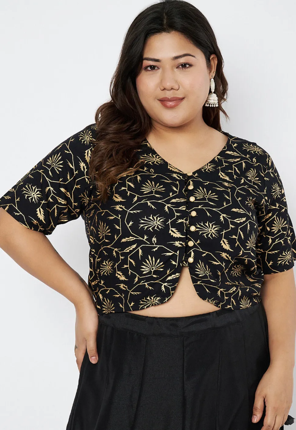 Foil Printed Viscose Rayon Blouse in Black