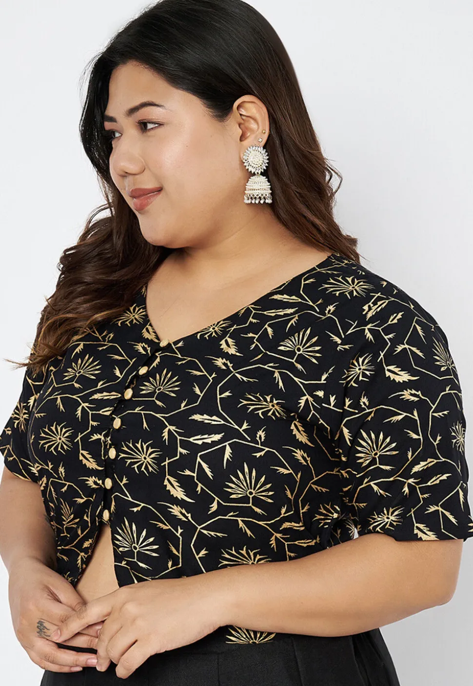 Foil Printed Viscose Rayon Blouse in Black