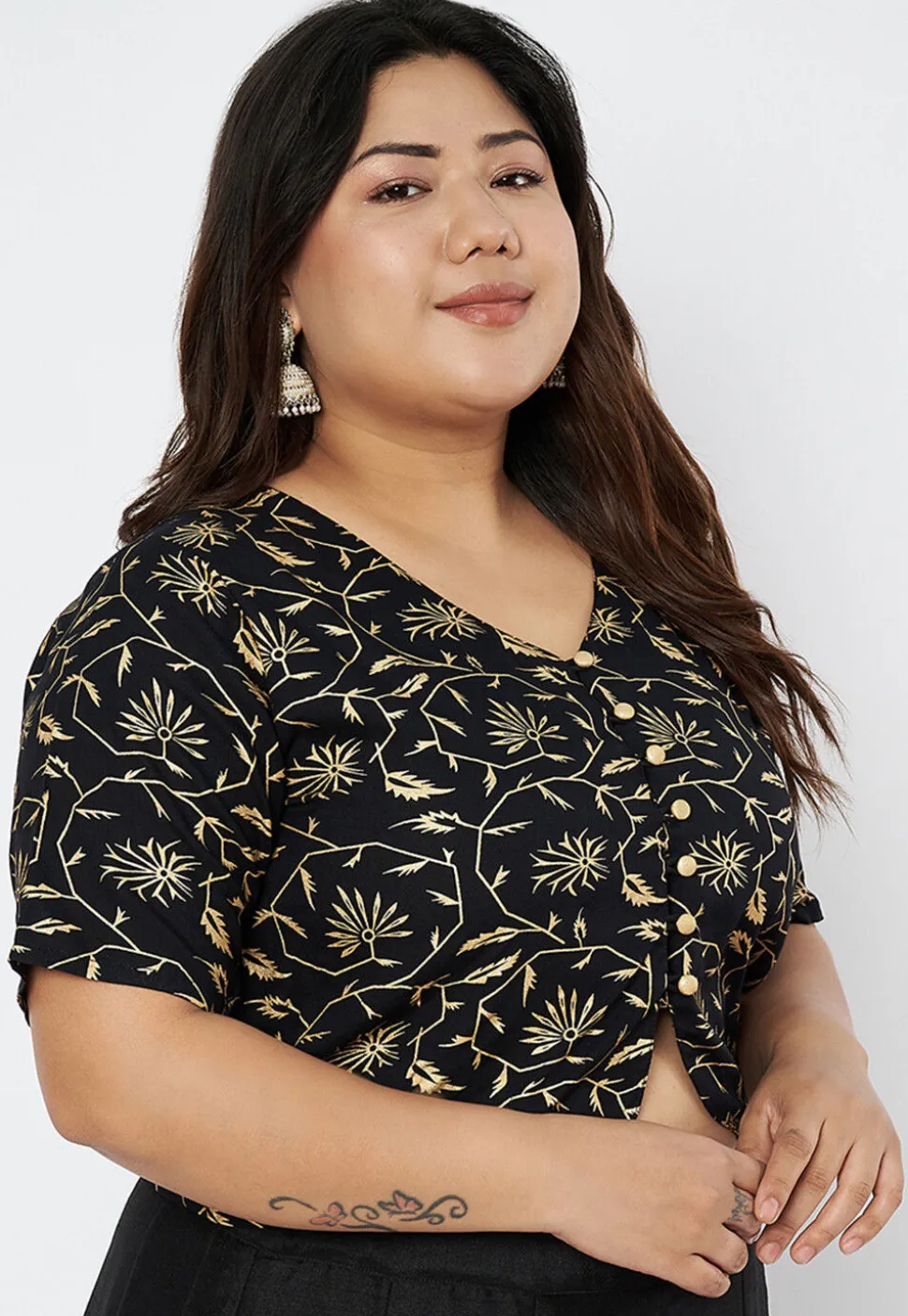 Foil Printed Viscose Rayon Blouse in Black