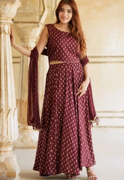Foil Printed Viscose Rayon Lehenga in Maroon