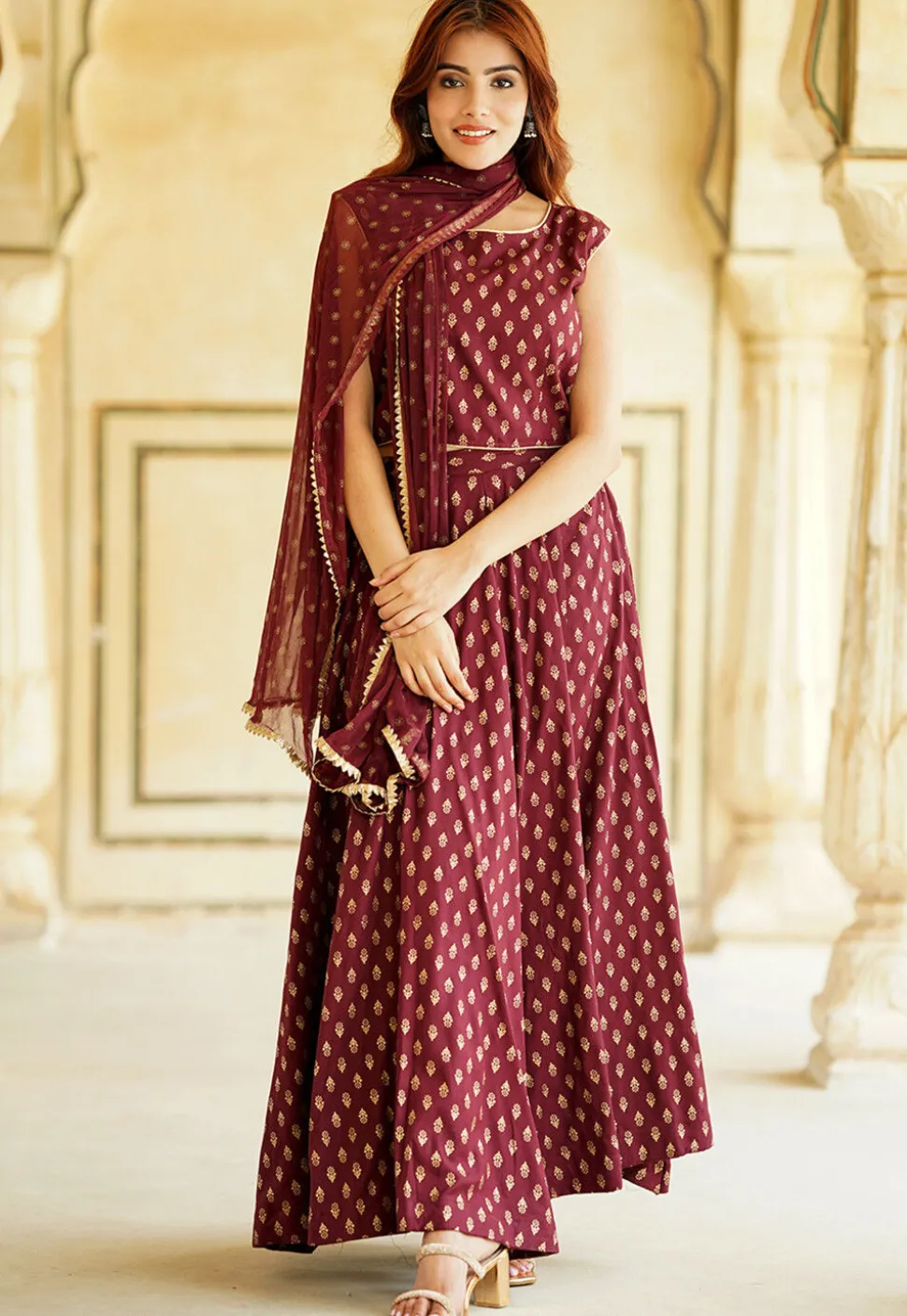 Foil Printed Viscose Rayon Lehenga in Maroon