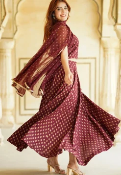 Foil Printed Viscose Rayon Lehenga in Maroon