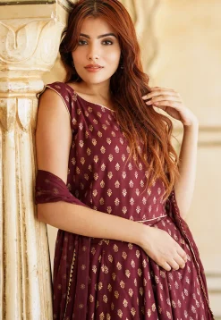 Foil Printed Viscose Rayon Lehenga in Maroon