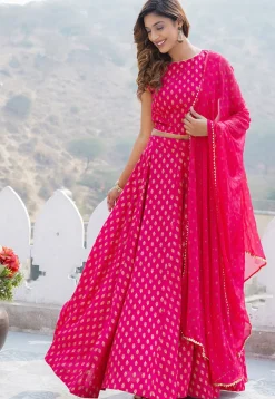 Foil Printed Viscose Rayon Lehenga in Fuchsia