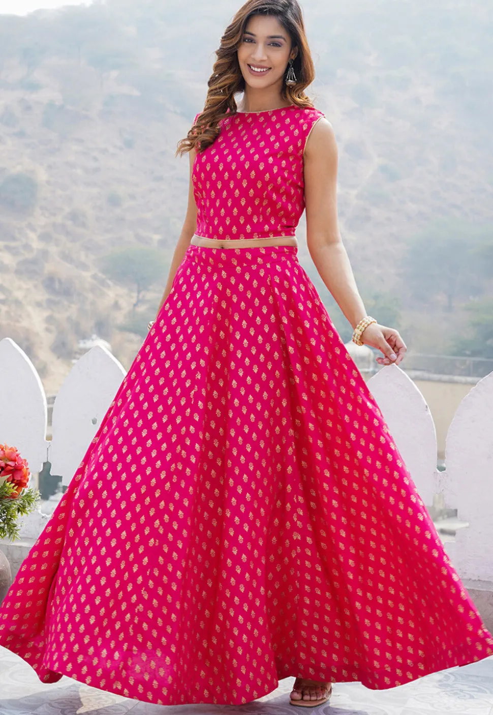 Foil Printed Viscose Rayon Lehenga in Fuchsia