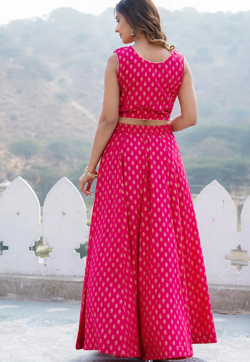 Foil Printed Viscose Rayon Lehenga in Fuchsia