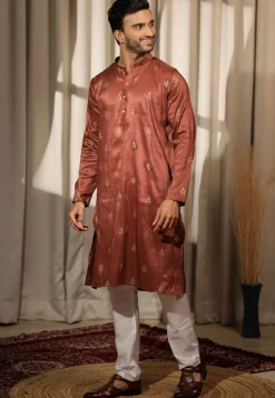 Foil Printed Viscose Silk Kurta Set in Rust