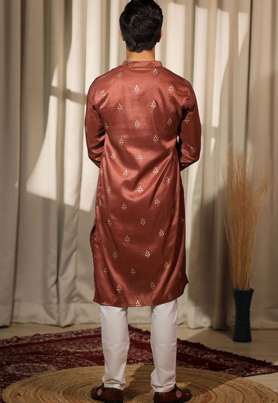Foil Printed Viscose Silk Kurta Set in Rust