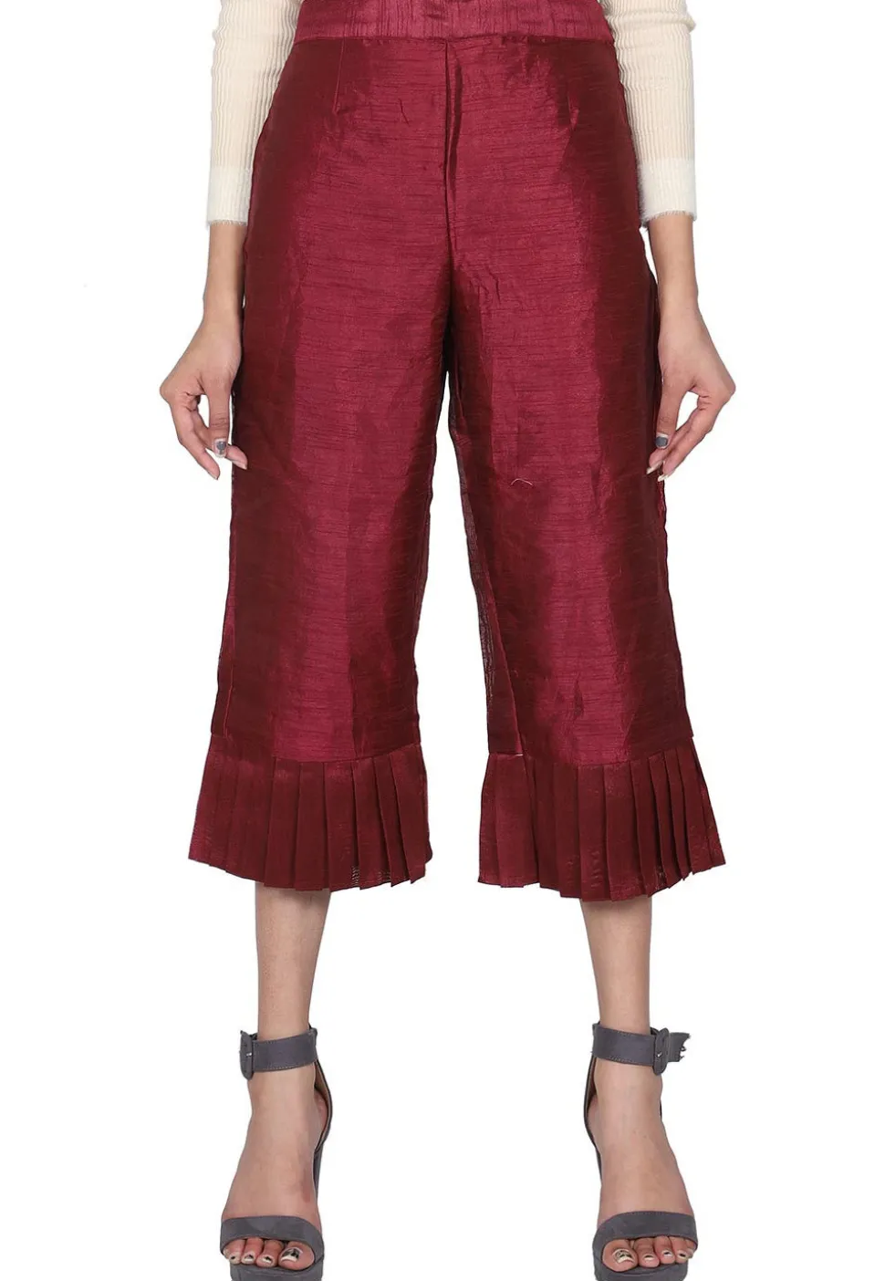Frilled Hemline Dupion Silk Culottes in Wine