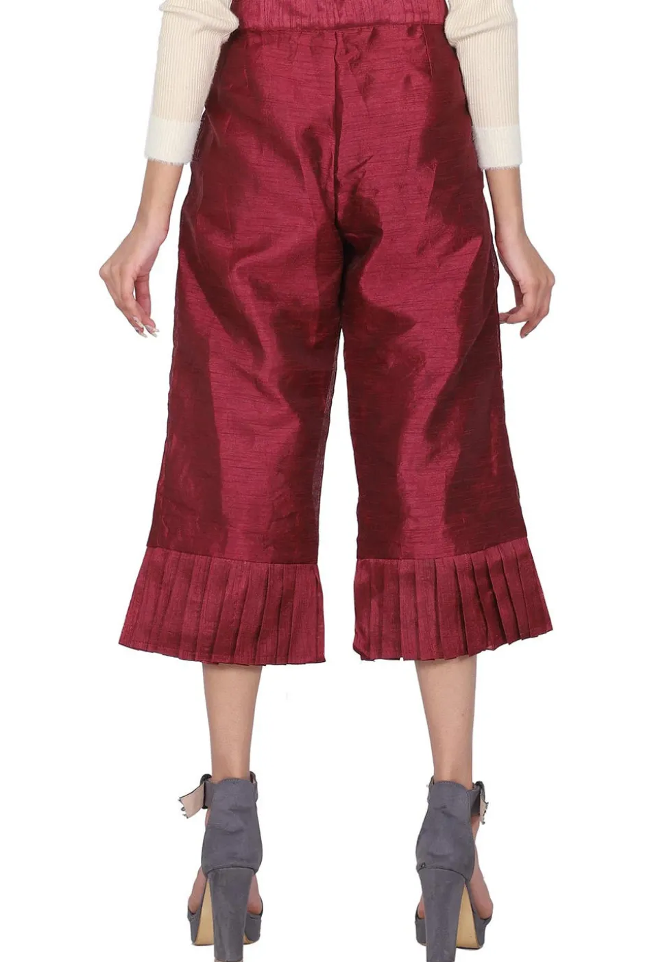 Frilled Hemline Dupion Silk Culottes in Wine