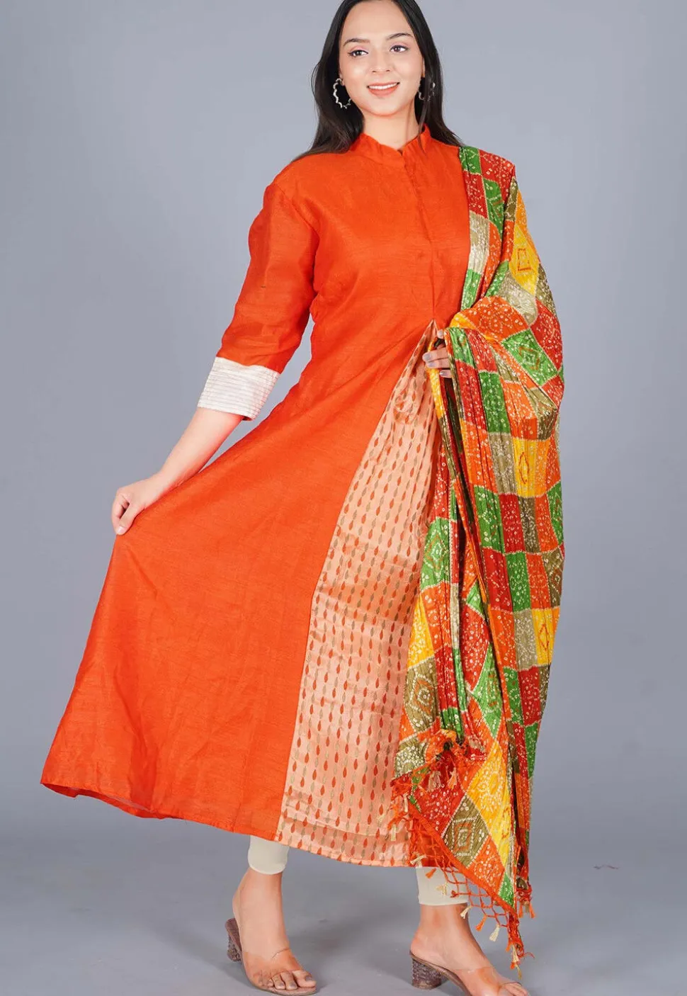 Front Slit Art Silk Anarkali Suit in Orange