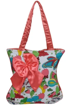 Fruit Printed Cotton Hand Bag in White and Multicolor