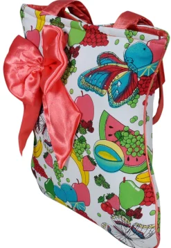 Fruit Printed Cotton Hand Bag in White and Multicolor