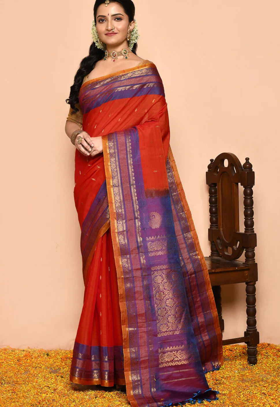 Gadwal Pure Silk Cotton Handloom Saree in Orange