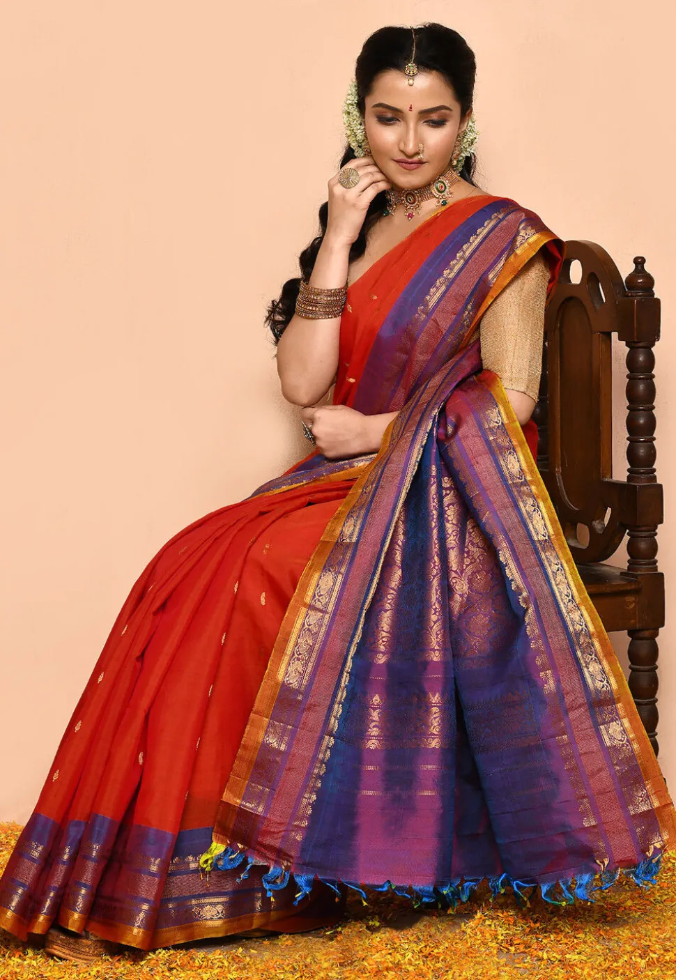 Gadwal Pure Silk Cotton Handloom Saree in Orange
