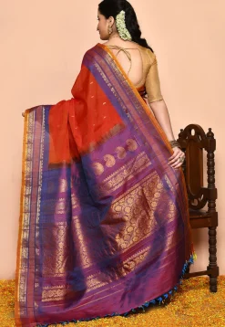 Gadwal Pure Silk Cotton Handloom Saree in Orange
