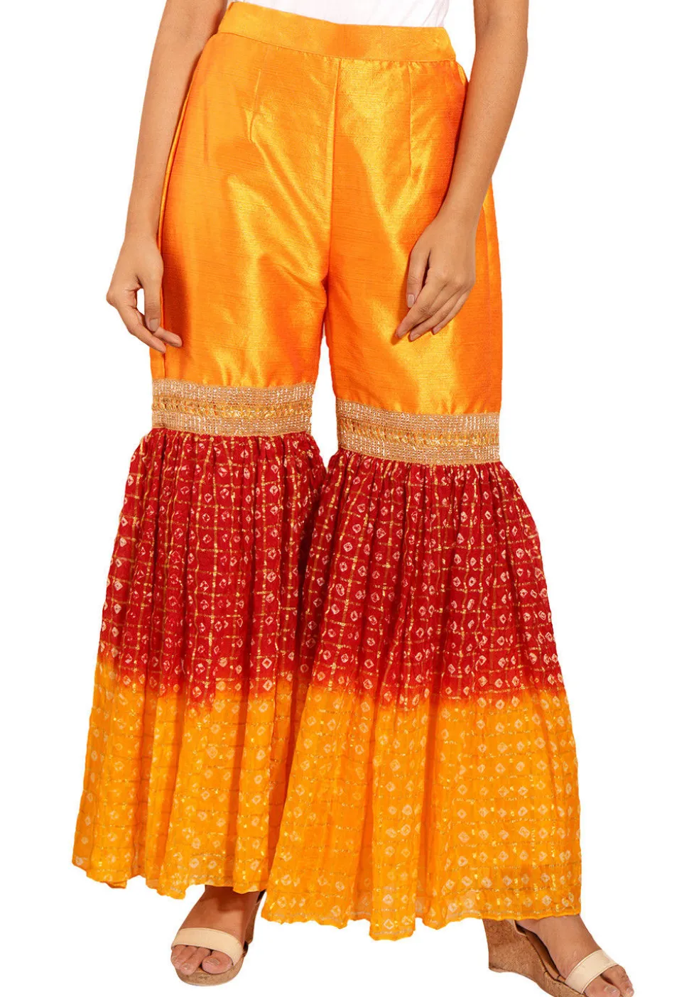 Ghatchola Bandhej Art Silk Sharara in Shaded Maroon and Mustard