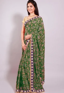 Ghatchola Bandhej Printed Crepe Saree in Dark Olive Green
