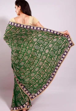 Ghatchola Bandhej Printed Crepe Saree in Dark Olive Green