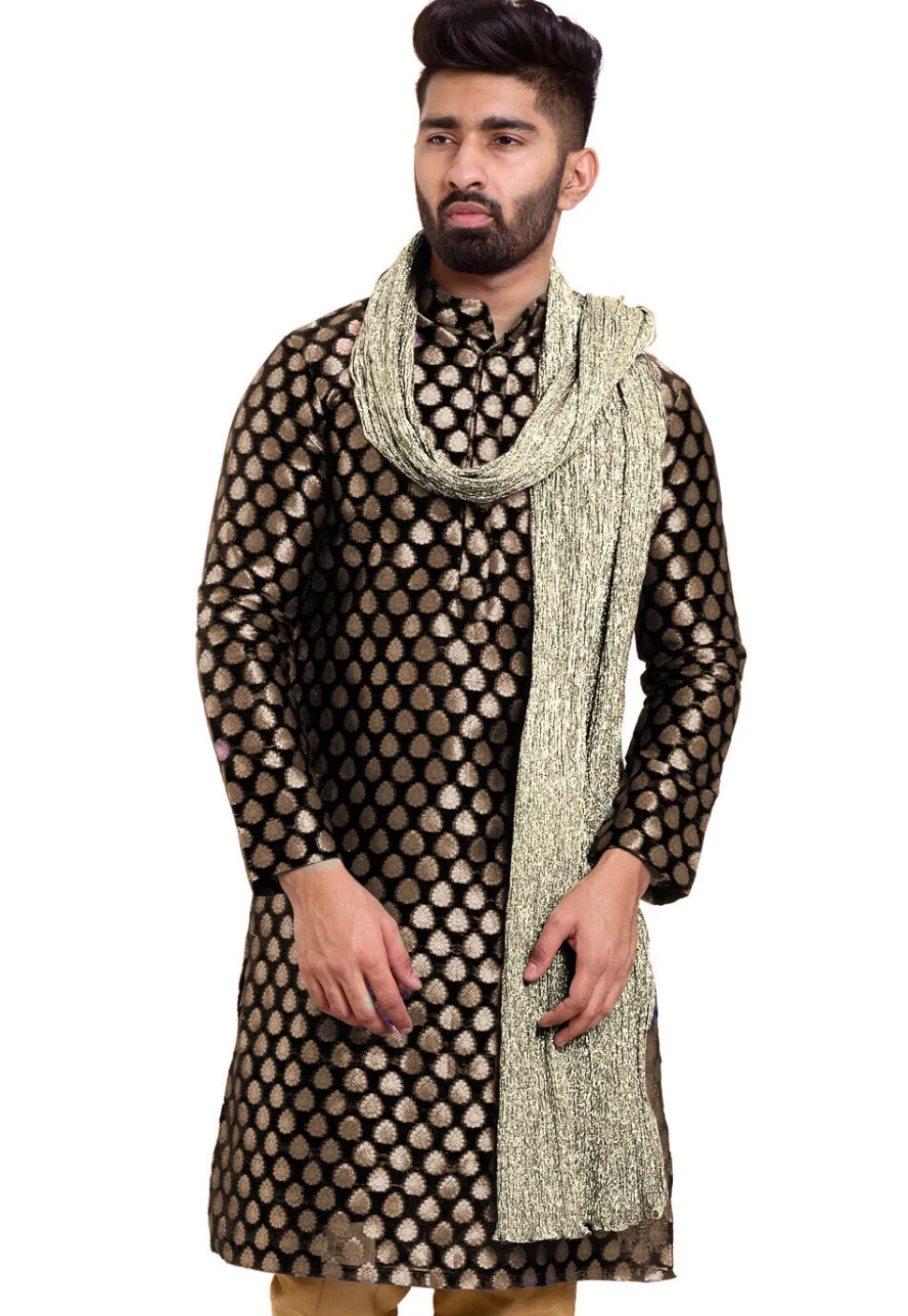 Glittered Crushed Tissue Men Stole in Light Beige
