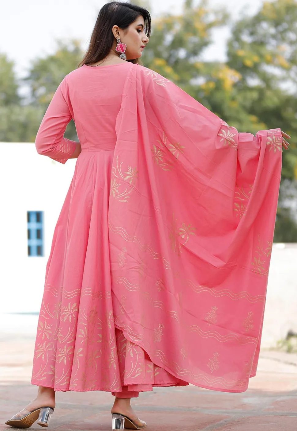 Golden Block Printed Cotton Pakistani Suit in Pink