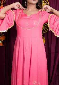 Golden Block Printed Rayon Gown in Pink