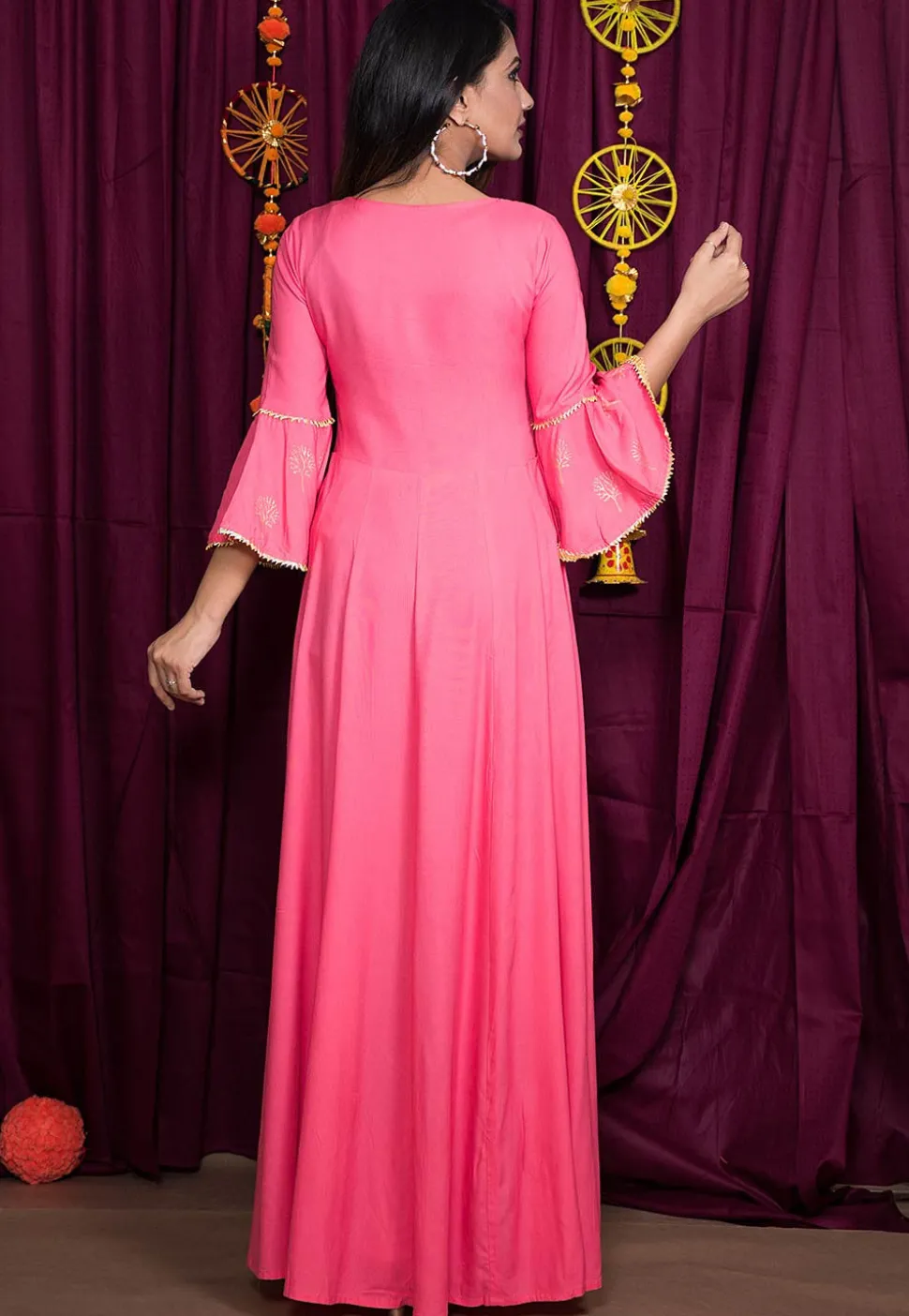 Golden Block Printed Rayon Gown in Pink