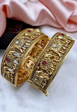 Golden Polished Kemp Stone Studded Openable Bangle Pair