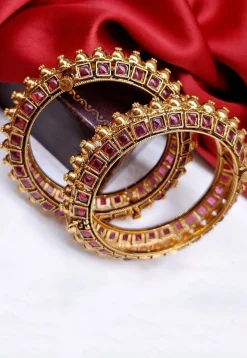 Golden Polished Kemp Stone Studded Openable Bangle Pair