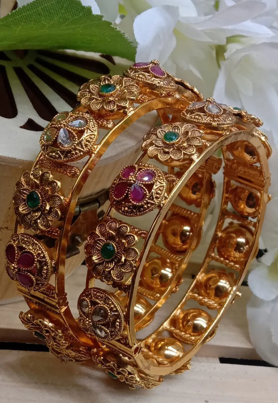 Golden Polished Stone Studded Openable Bangle Pair