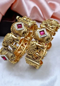 Golden Polished Stone Studded Openable Bangle Pair