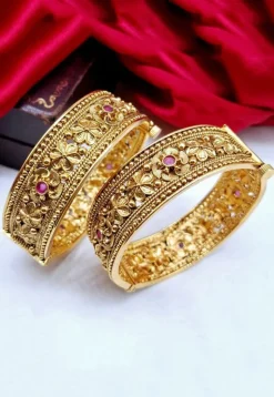 Golden Polished Stone Studded Openable Bangle Pair