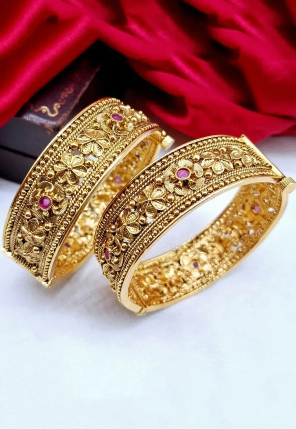 Golden Polished Stone Studded Openable Bangle Pair