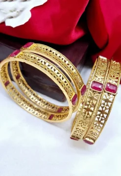 Golden Polished Stone Studded Bangle Set